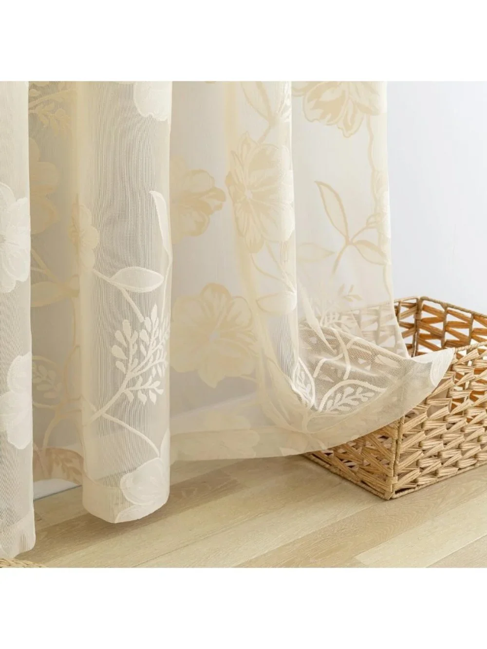 Elegant Sheer Lace Curtains, Beige Scalloped Design, 84